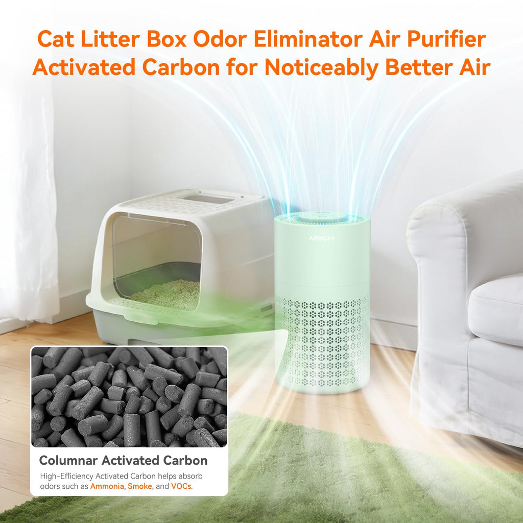 AIRROMI Air Purifier for Bedroom with HEPA 3-in-1 Filter, Pet Air Purifier for Home Cat Pee Smell, Covers Upto 990 Ft², Quiet 360°intake Air Cleaner for pet hair,allergies,Dust,Smoke A2001 Green