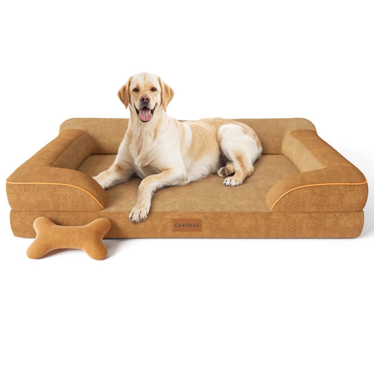 CWAWZ Extra Large Dog Bed, Orthopedic Dog Beds with Cooling Gel Memory Foam, Waterproof XL Pet Bed with Removable Washable Cover, 42" Pet Sofa Couch Dutch Velvet with Bone Toy, Brown