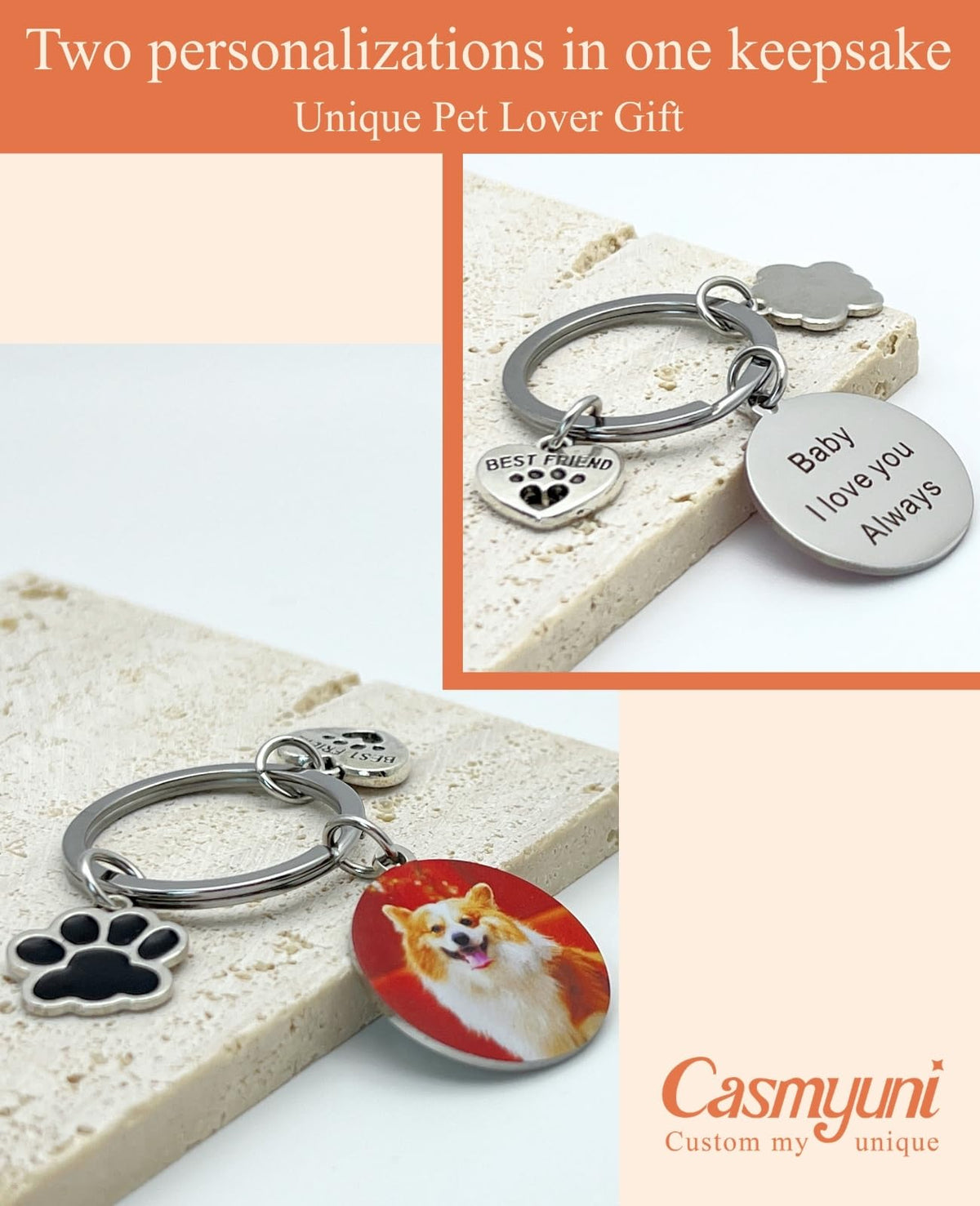 Casmyuni Custom Pet Keychain with Picture Personalized Dog Photo Gifts