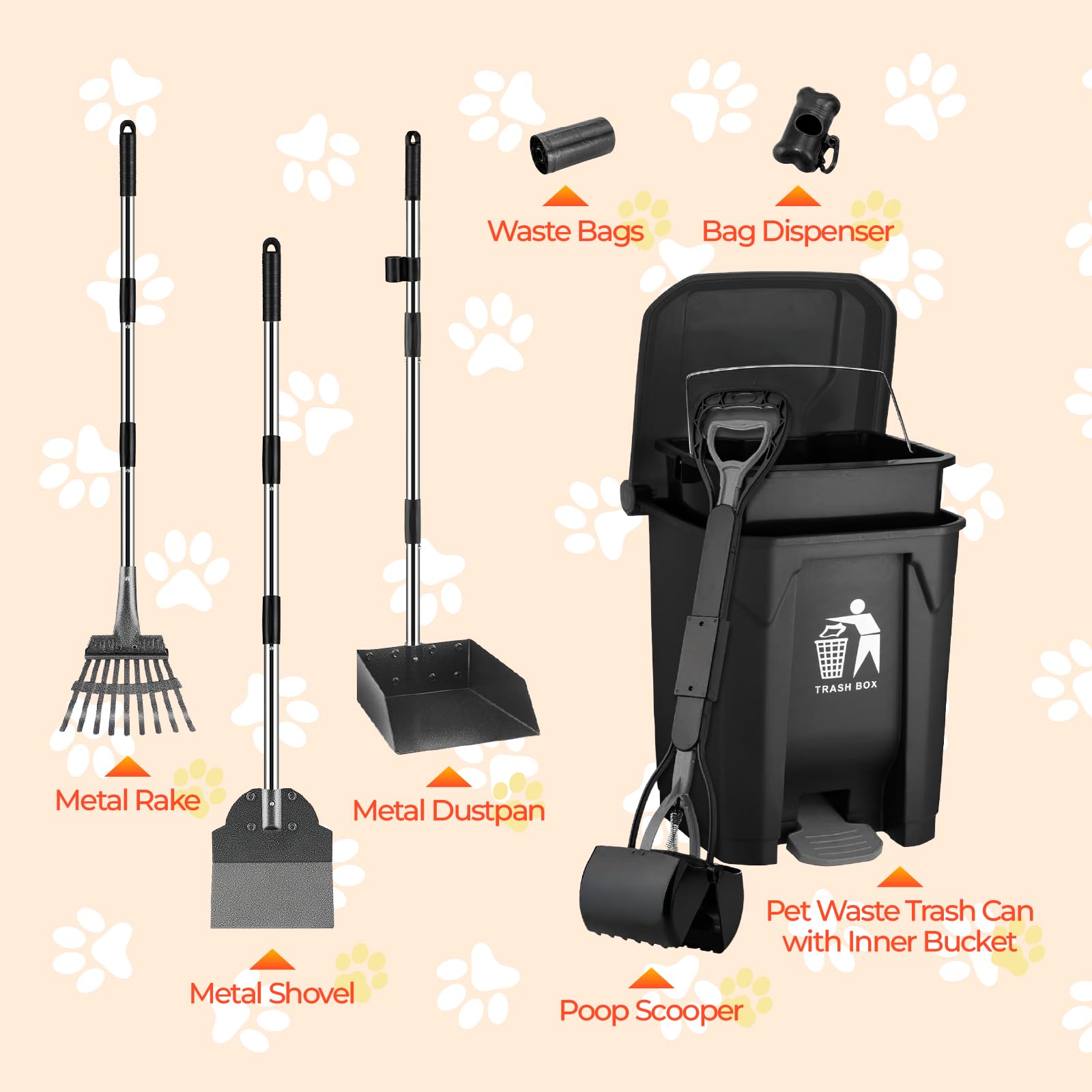 AXINCANAAN 20L Dog Poop Trash Can Outside with Pooper Scooper, Inner Bucket, Stainless Steel Dustpan, Rake & Shovel, Waste Bags for Dog Poop Disposal