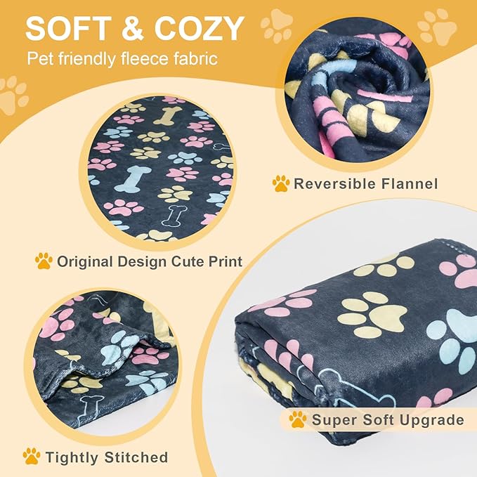 Gowyeg Dog Blanket for Large Dogs, Soft Flannel Cute Paw Navy Blue 60"x50"
