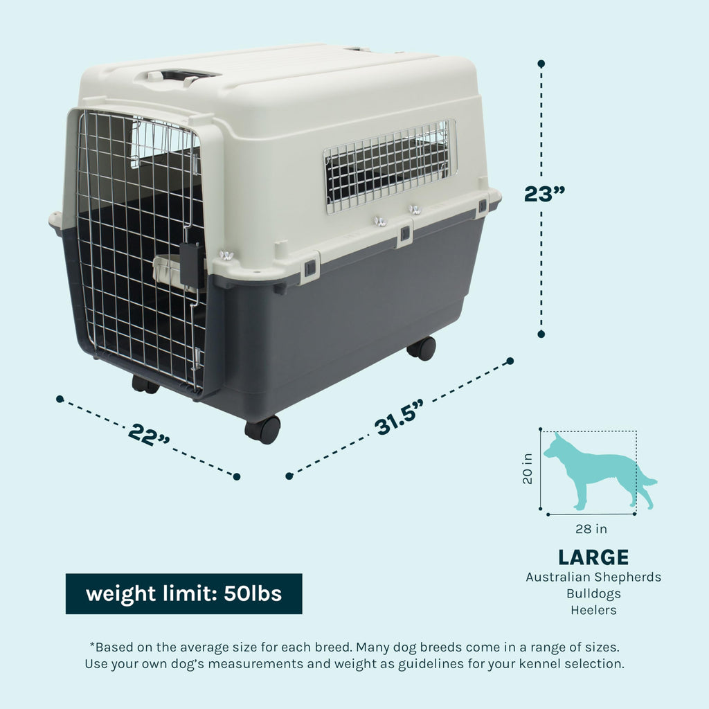 SportPet Airline Compliant LARGE 31.5" Travel Dog Kennel-Durable Plastic Airline Pet Carrier w/ Removable Wheels & Food Bowls, Collapsible Indoor/Outdoor Dog Kennel, Dogs up to 28"L & 20"H-Cream/Gray