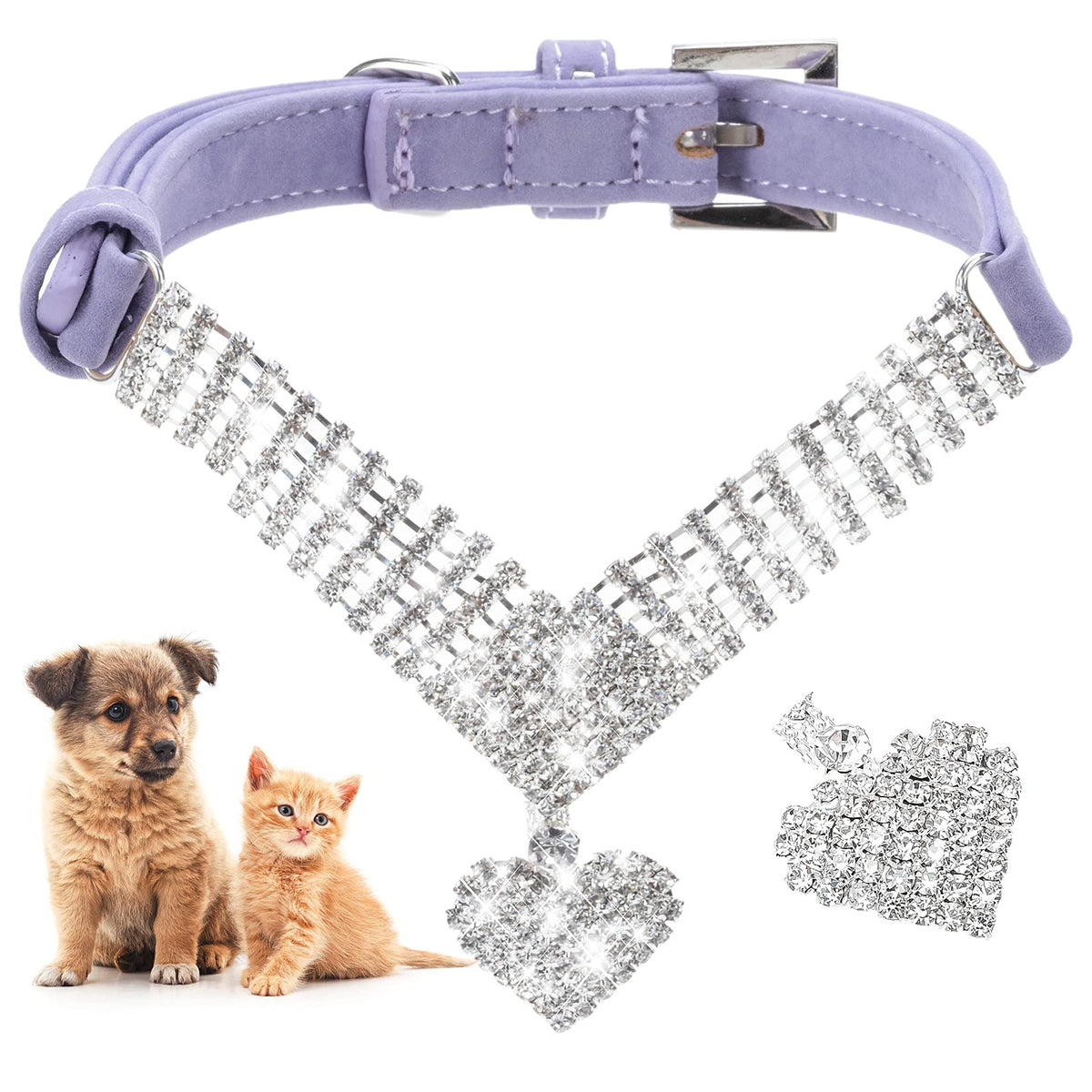 EXPAWLORER Cute Dog Necklace - Rhinestone Dog Collar, Soft Velvet Collar for Girl Boy Cats Dogs, Sparkling Pet Neck Decoration, Adjustable Pet Collar for Puppies Cats Small Medium Dogs, Purple M