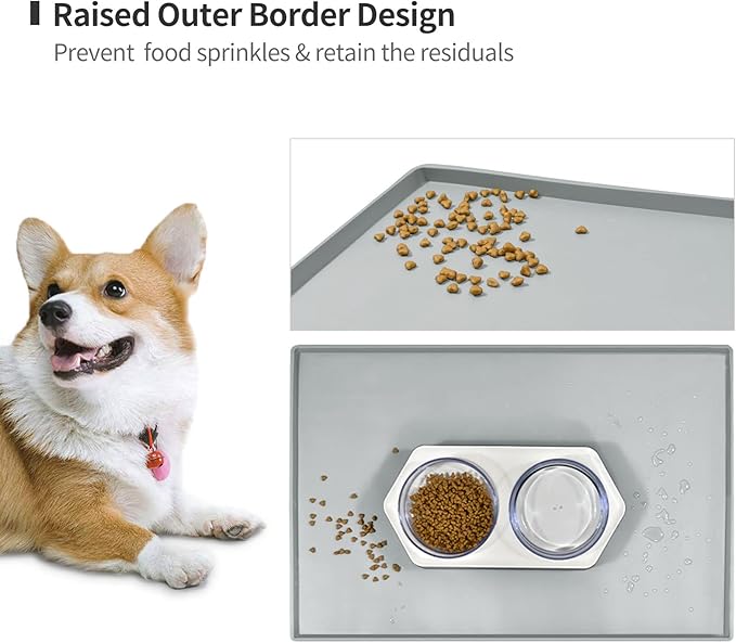 Dog Food Mat,Silicone Waterproof Food Tray,Non Slip Pet Bowl Mats Placemat,0.6" Raised Edge,Suitable for Most Small and Medium Sized Pets,24" x 16"