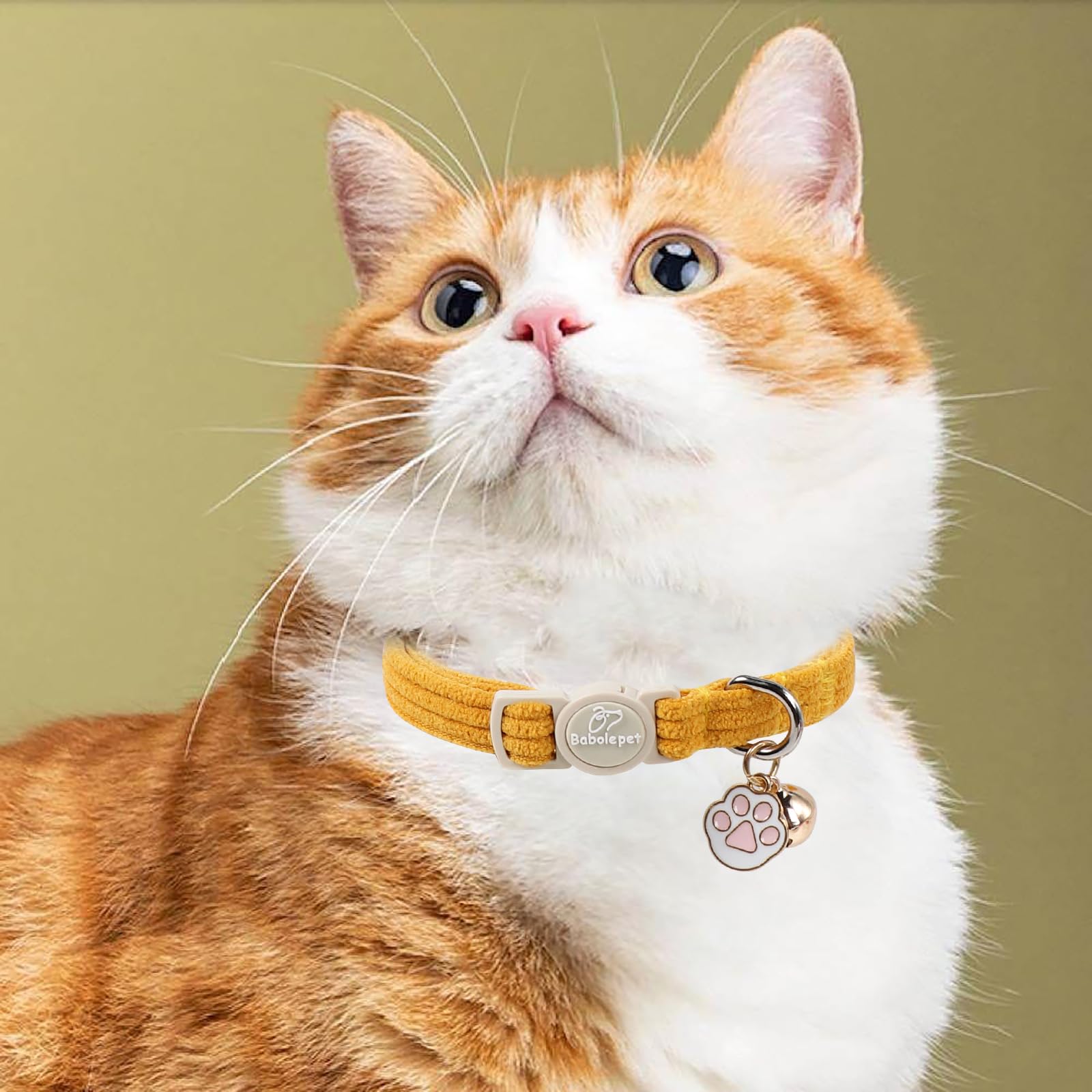 Babole Pet 2 Pack Corduroy Cat Collars - Cute Breakaway Cat Collar with Bell and Paw Pendant, Soft Adjustable Fall Winter Kitten Collars for Girl Boy Cats, Yellow&White