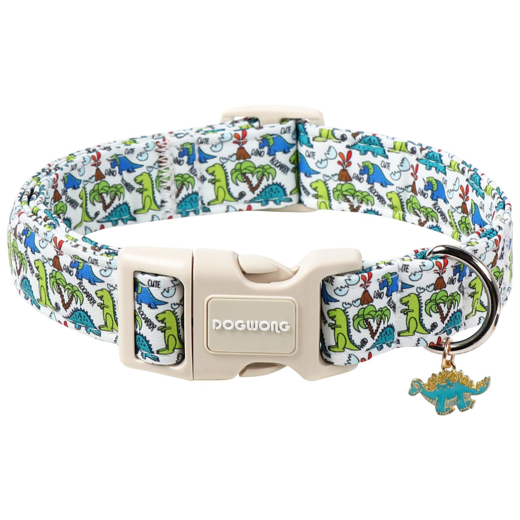 DOGWONG Dinosaur Dog Collar-Cute Green Dinosaur Dog Collar for Small Dogs, Adjustable Comfortable Cotton Boy Dog Collars for Small Medium Large Dogs,M