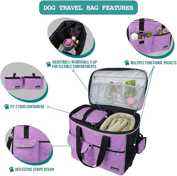 PetAmi Dog Travel Bag Organizer, Pet Supplies Tote Diaper Bag, Purple Large