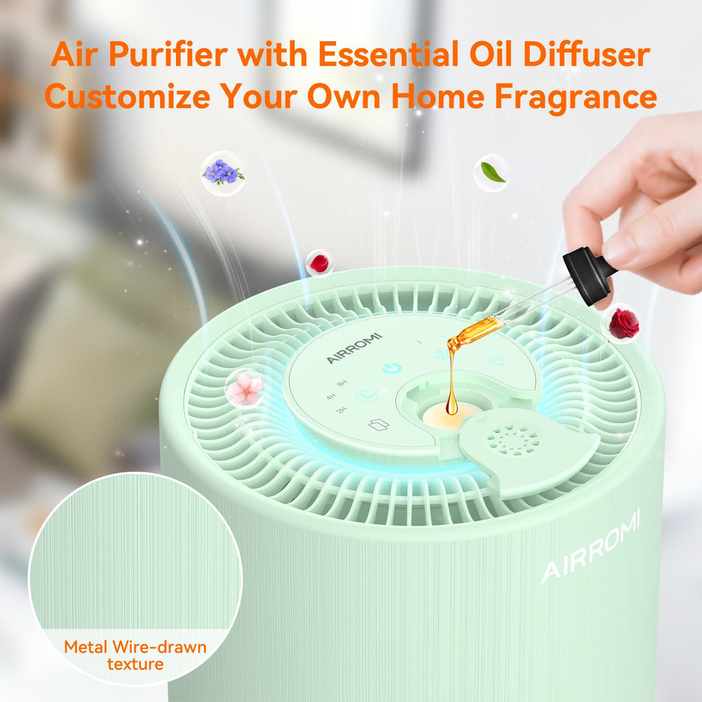 AIRROMI Air Purifier for Bedroom with HEPA 3-in-1 Filter, Pet Air Purifier for Home Cat Pee Smell, Covers Upto 990 Ft², Quiet 360°intake Air Cleaner for pet hair,allergies,Dust,Smoke A2001 Green