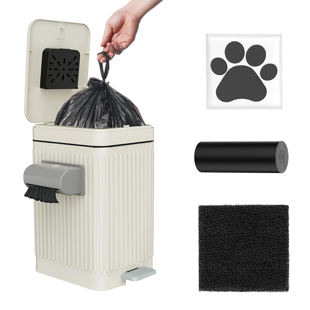 organizelink Dog Poop Trash Can for Outside & Indoor, 5L/1.3Gal Small Odor Control Pet Waste Bin with Carbon Filter, 2-Way Open (Step & Press Top), Dog Waste Container with Trash Bag Holder, White