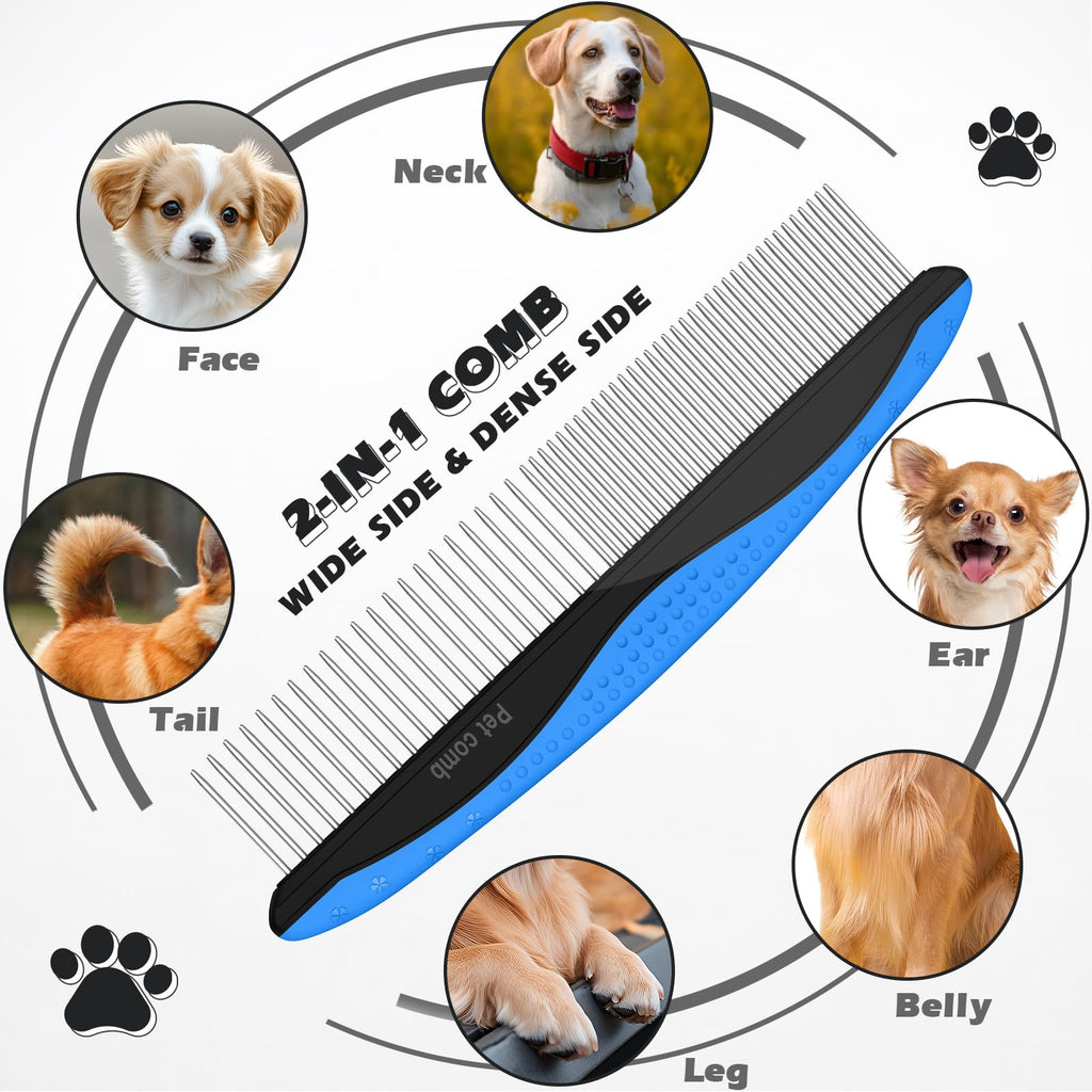 3PCS Pet Grooming Rake & Metal Comb & Flea Comb for Cats and Dogs, Double-Sided Dematting Tool, Extra-Wide Deshedding Dog Brush for Long Hair to Effectively Remove Tangles, Knots and Mats (Blue)