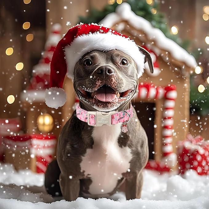 Babole Pet Christmas Dog Collar for Puppy Small Dogs - Cute Xmas Tree Print Pink Christmas Collars for Dogs, Soft Adjustable Winter Holiday Dog Collars with Quick Release Buckle XS