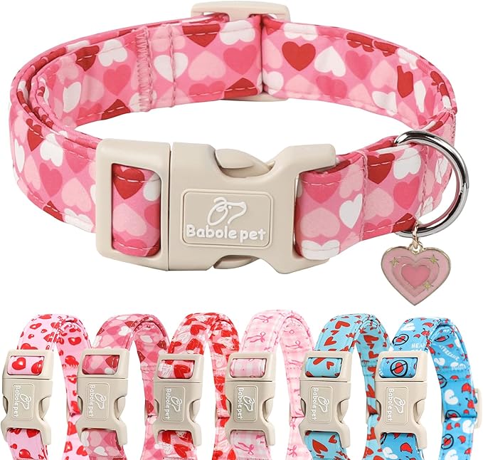 Valentines Dog Collar for Medium Dogs - Cute Valentine Pink Hearts Girl Dog Collars, Adjustable Girly Puppy Collar with Quick Release Buckle for Female Dogs M