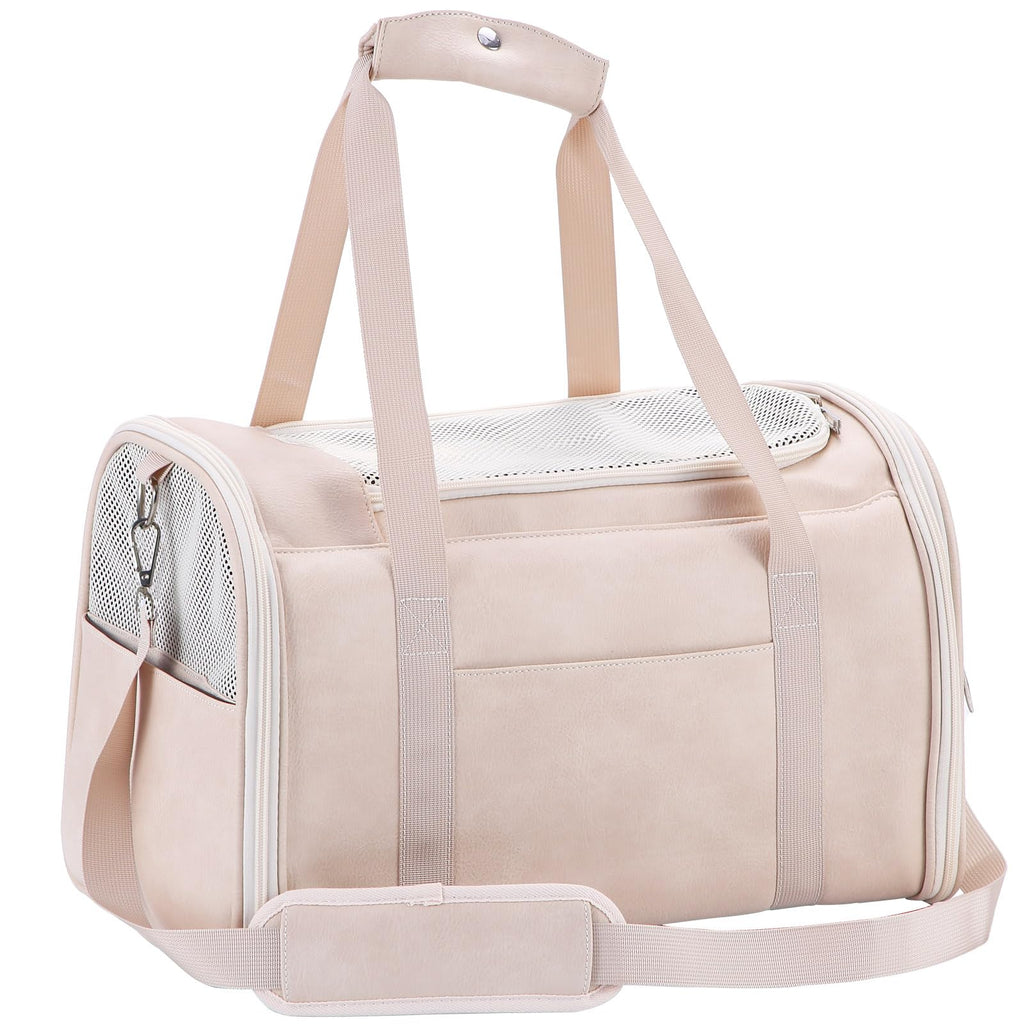 Lasaviin Fashion Leather Dog Carrier Cat Carrier Airline Approved Pet Carrier for Small Medium Dogs Cats Under 15Lbs, Collapsible Soft Sided Travel Puppy Carrier White