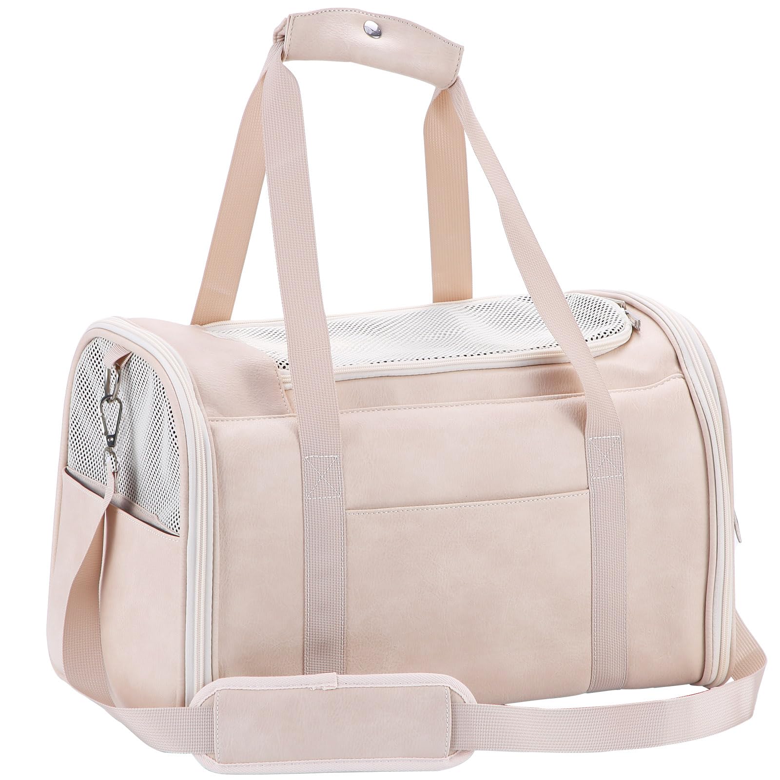 Lasaviin Fashion Leather Dog Carrier Cat Carrier Airline Approved Pet Carrier for Small Medium Dogs Cats Under 15Lbs, Collapsible Soft Sided Travel Puppy Carrier White