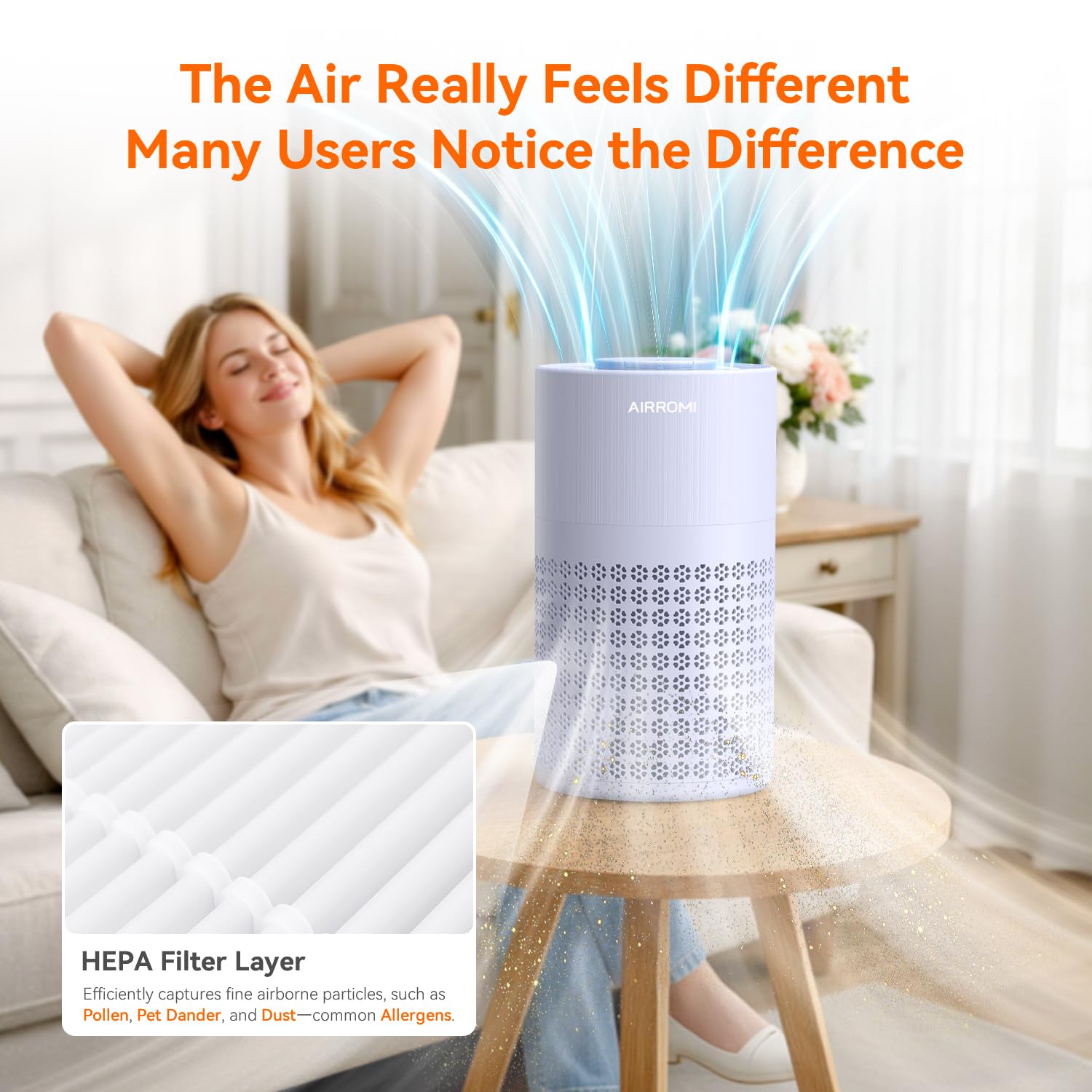 AIRROMI Air Purifier for Bedroom with A2001 Lavender Purple
