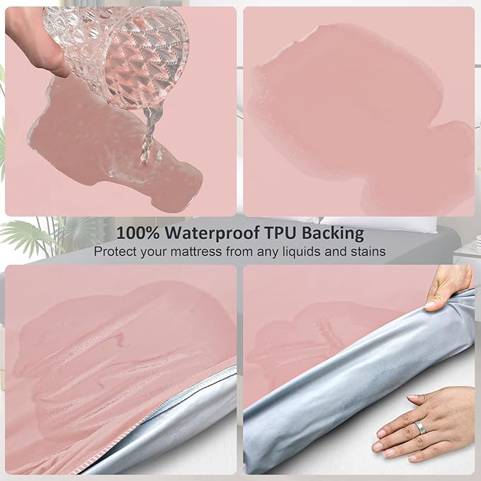Waterproof Mattress Protector Full, Fitted Sheet Style Breathable Mattress Cover with Deep Pocket Fits Up to 18'', Noiseless Bed Cover for Kids Adults Pets, Machine Washable(Pink, 54'' X 76'')