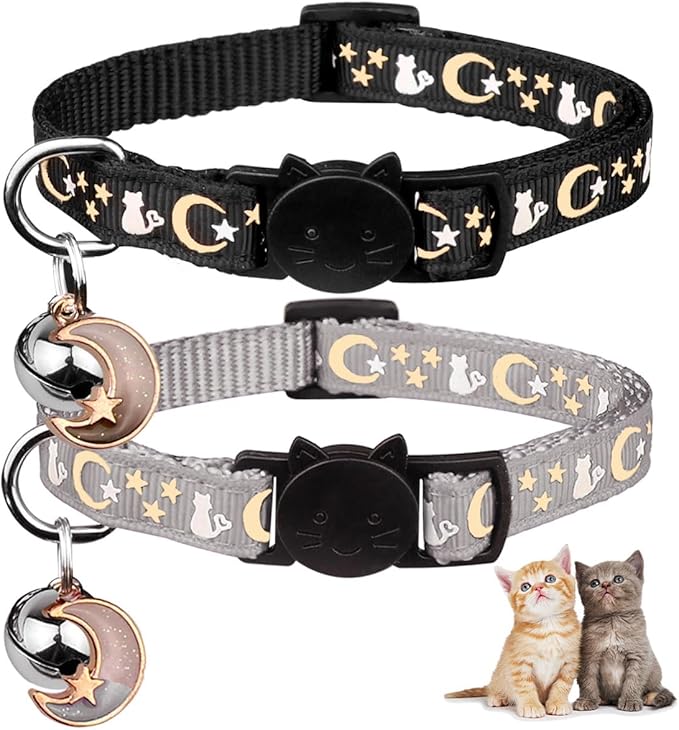 Baeuppit 2PCS Breakaway Cat Collars with Bell Cute Kitty Glow in The Dark Adjustable Kitten Collars 7.9-13.0 Inch(Teal&Purple)