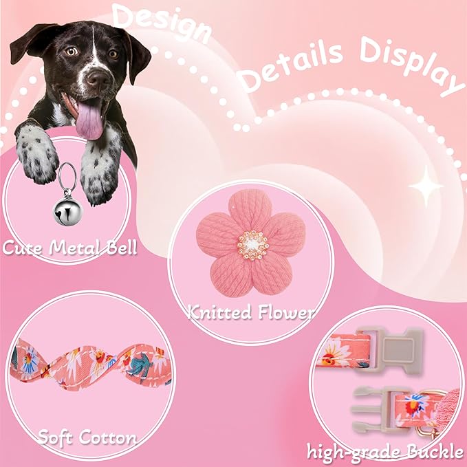 Small Dog Collar with Flower, Spring Dog Collar for Girl Dog Collars for Small Dogs Cute Dog Collar with Bell, Adjustable Length