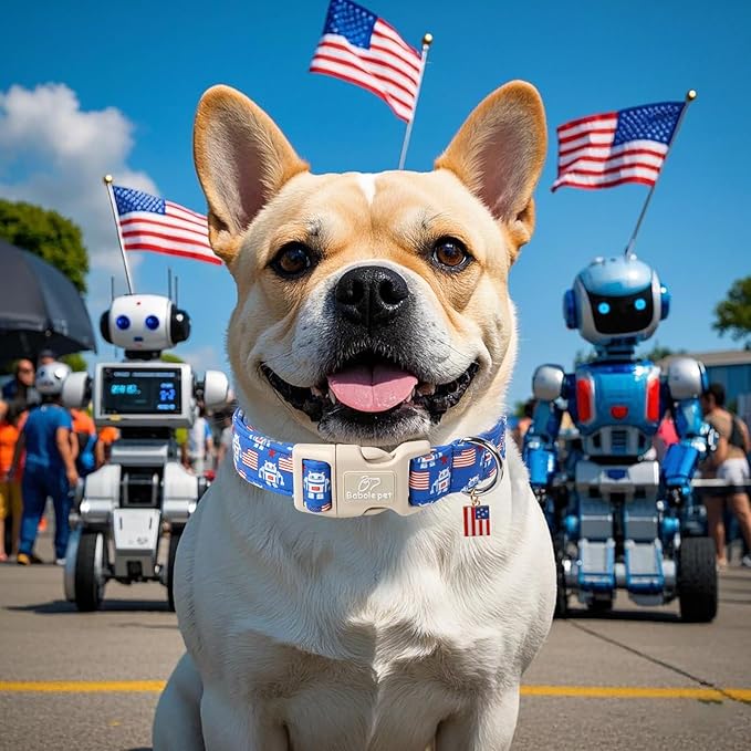 Babole Pet 4th of July Dog Collar, Robot Star-Spangled Patriotic Dog Collars for Small Dogs, Adjustable Lightweight Quick-Release Buckle Collar for Boy&Girl Dogs S