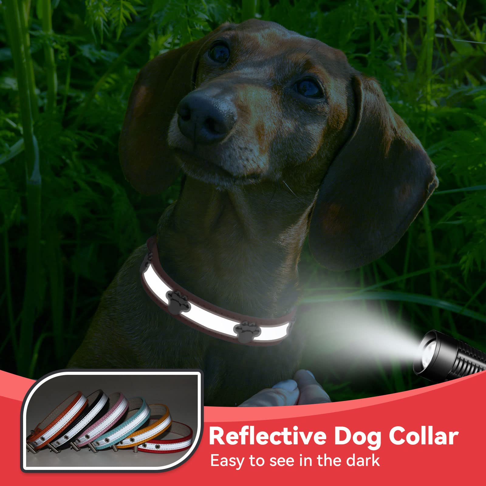 PETCARE Reflective Dog Collar with Cute Paw Rivet Studded Funny Soft PU Leather Adjustable Puppy Dog Collars for Small Medium Large Dogs Cats (Red,Medium)