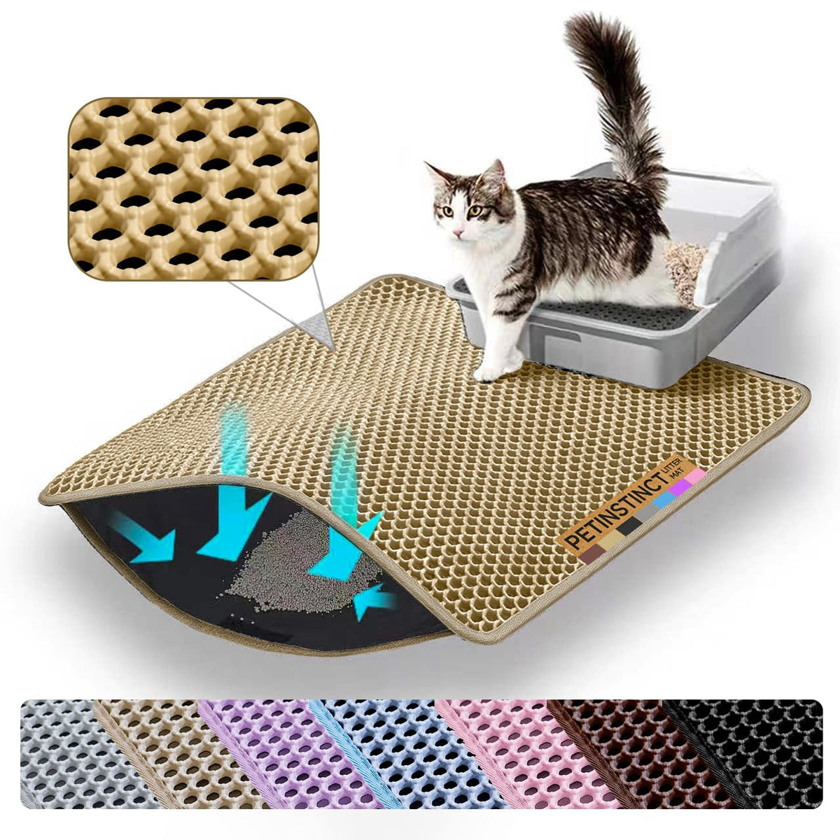 Petinstinct Cat Litter Mat, Double Layer Honeycomb Cat Litter Trapping Mat, Non Slip Waterproof Urine Proof Cat Litter Box Mat for Floor, Kitty Litter Rug, Cat Supplies, Purple, 46x26 Inches