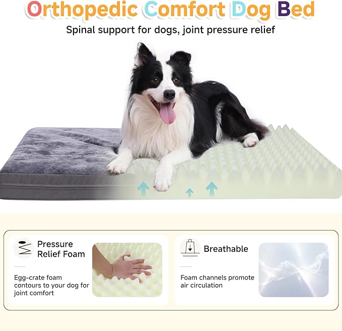 Waterproof Dog Bed for Large Dogs, Outdoor Orthopedic XL Dog Bed with Reversible & Washable Cover, Egg Crate Foam, Anti-Slip, 44" x 32", Gray