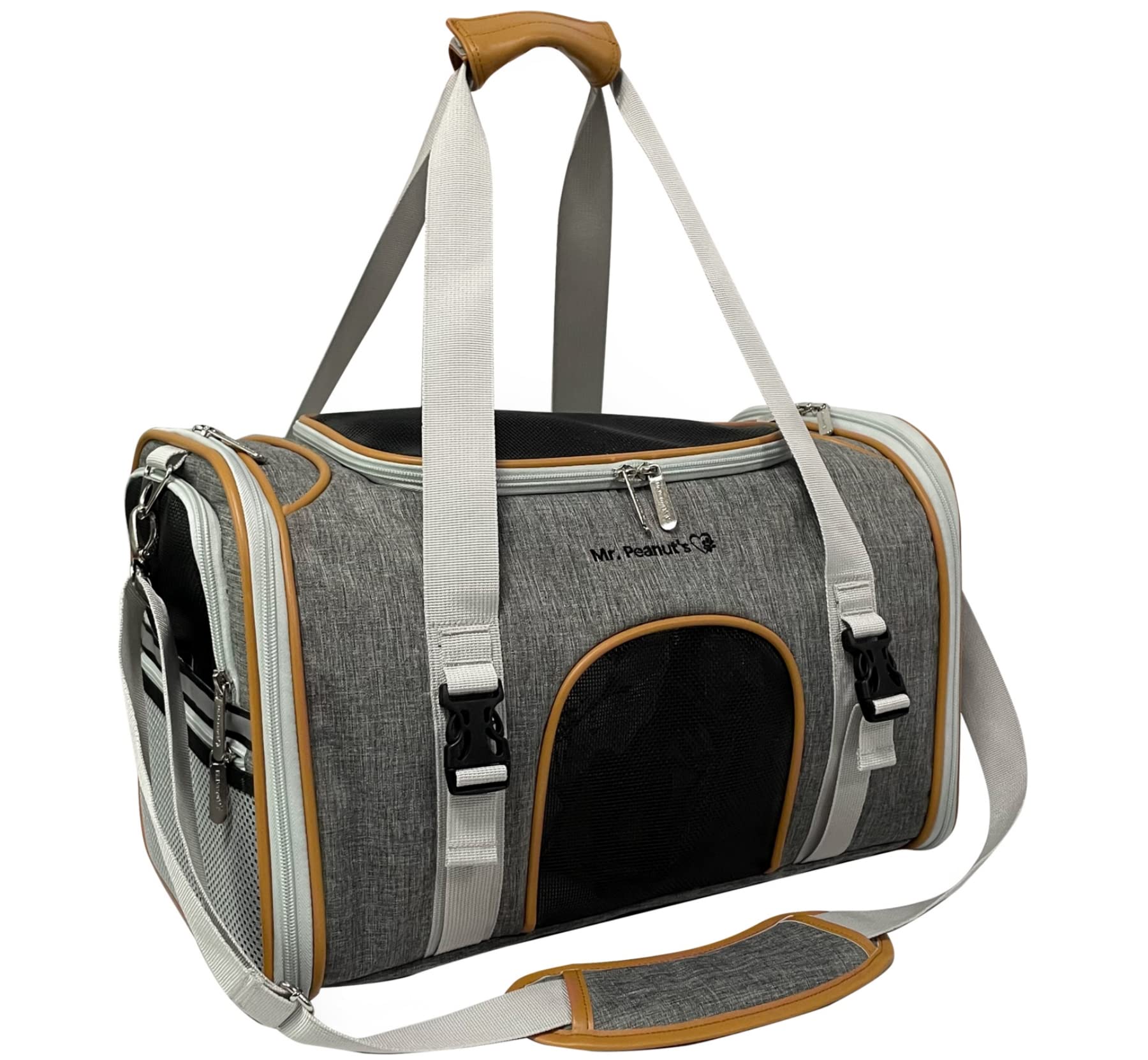 Mr. Peanut's Expandable Airline Approved Soft Sided Pet Carrier, Luxury Travel Tote with Premium Auto Self Locking Zippers, Plush Faux Fleece Bedding with Sturdy Plywood Base, 18LX10.5WX11 H