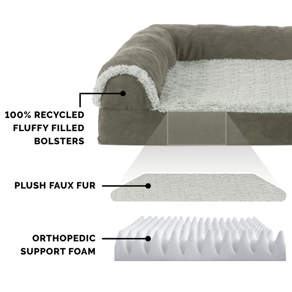 Furhaven Orthopedic Dog Bed for Large/Medium Dogs w/ Removable Bolsters & Washable Cover, For Dogs Up to 55 lbs - Two-Tone Plush Faux Fur & Suede L Shaped Chaise - Dark Sage, Large