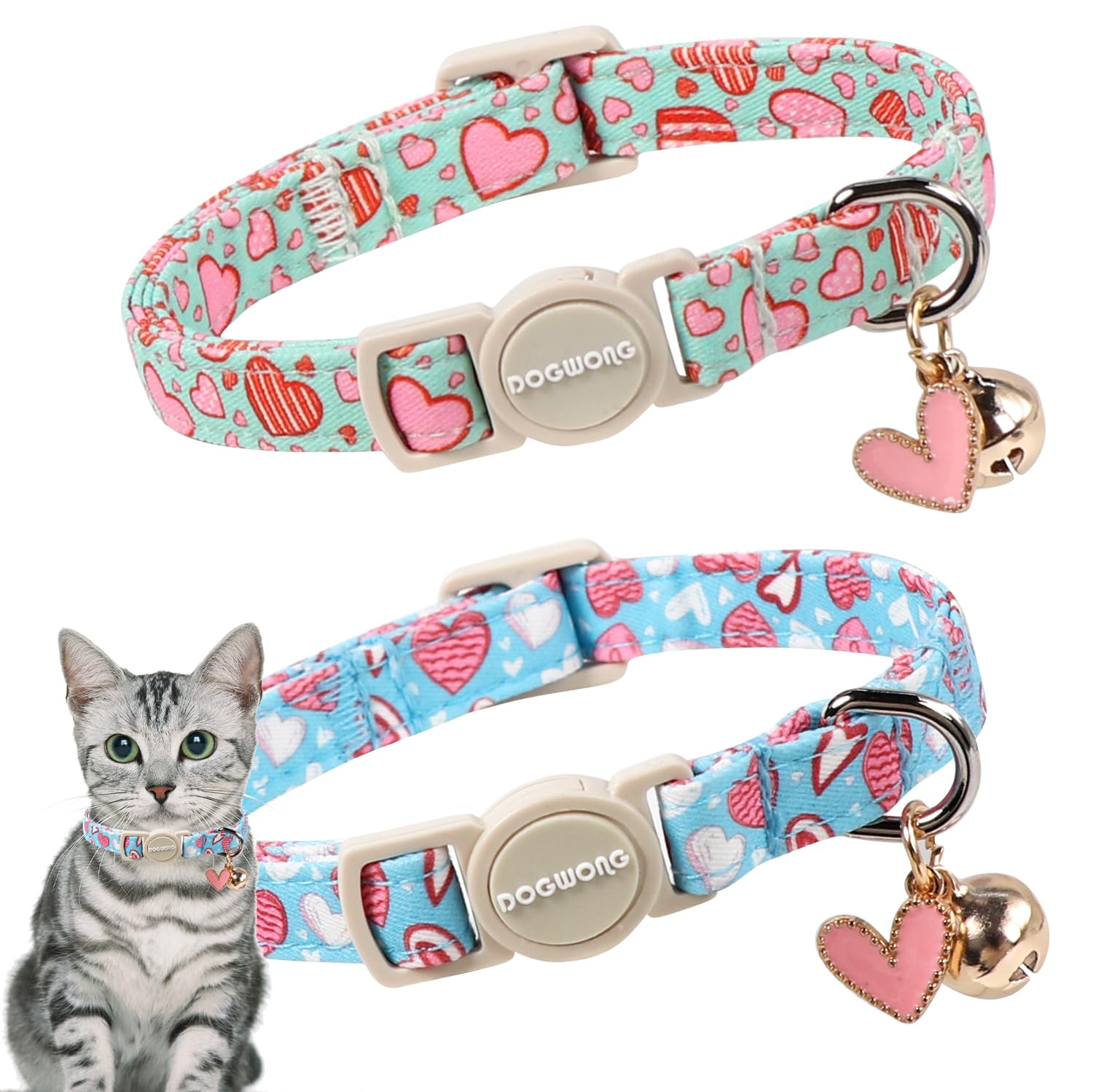 Cat Collar,2 Pack Valentines Day Cat Collar Breakaway,Safety Adjustable Collars with Bell for Kitten，Adjustable 7-12 Inch,Pet Supplies Accessories