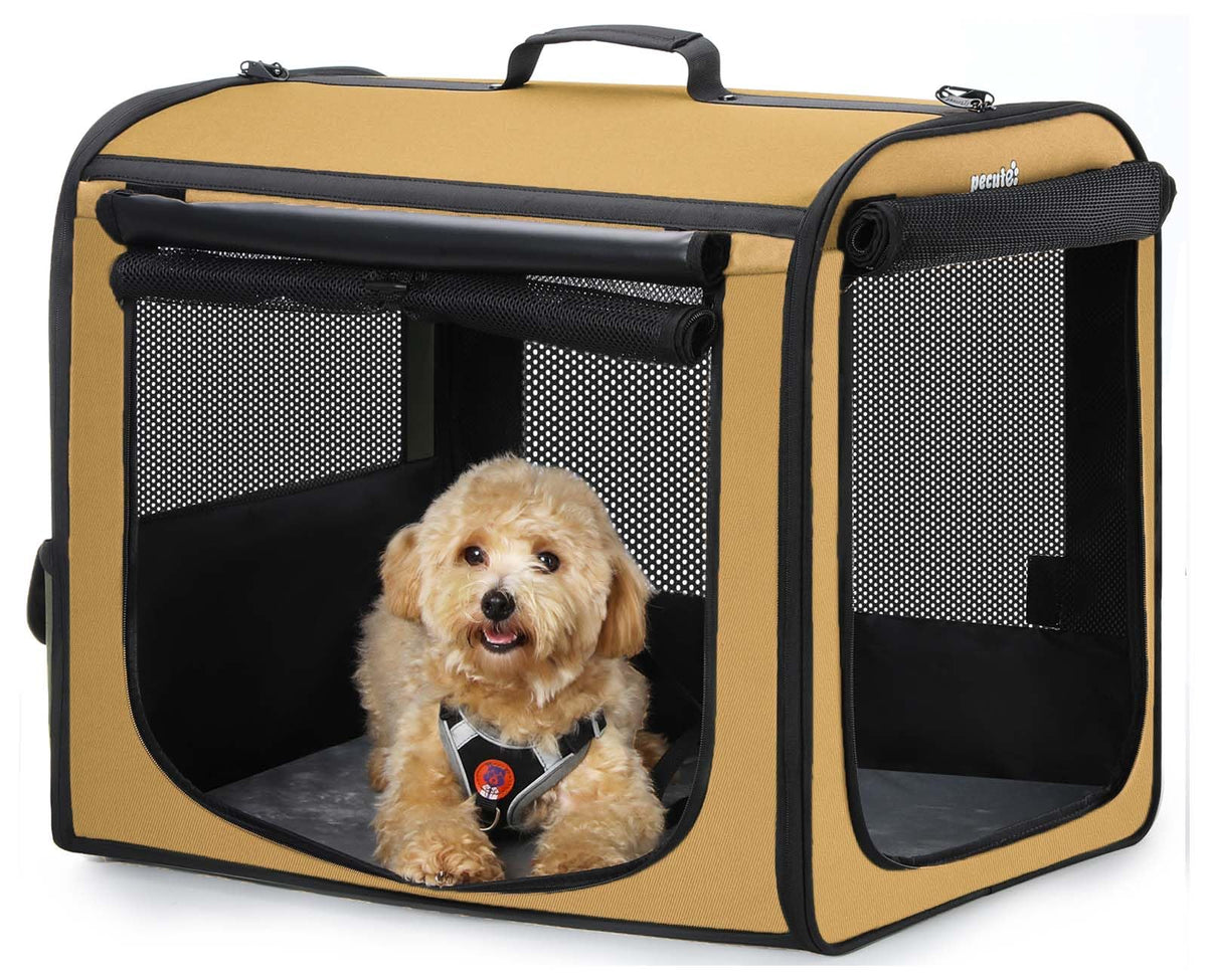 Dog Car Carrier Light Weight 24×17.7×20.5 in, Dog Carrier Easy to Assemble, Dog Car Crate Portable and Breathable, Foldable Pet Carrier for Indoor and Outdoor Use, Dogs Travel Crate with Curtain Brown