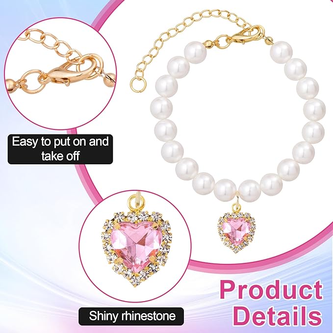 2pcs Cat Pearl Collar with Heart Pendant, Cute Pearl Pet Necklace in Small, Adjustable Wedding Party Small Dog Jewelry Accessories for Puppy Kitten- Pink & Red