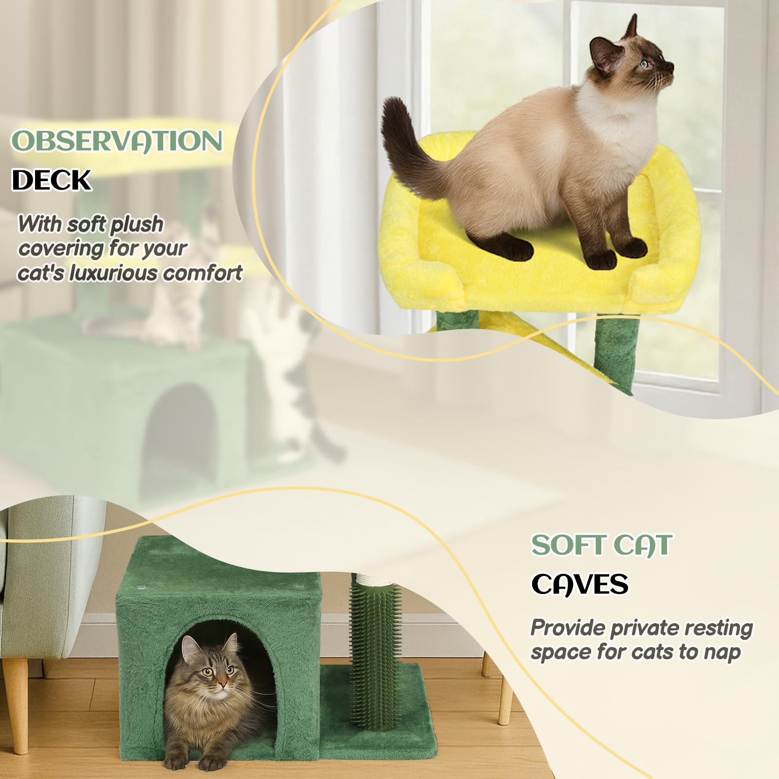 VINGLI Cat Tree, 27 inch Small Cat Tower with Scratching Post and Pad, Cat Condo for Indoor Kittens Padded Top Bed, Cats Indoor Activity Center (Yellow & Green)