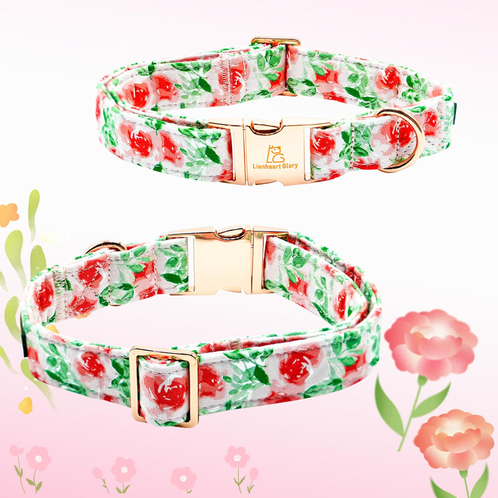Lionheart glory Dog Collar Flowers Collar Floral Dog Collar with Flower Spring Summer Cute Collar Dog Boy or Girl Dog Collars Soft Durable Adjustable Dog Collars for Small Dogs, Red Roses