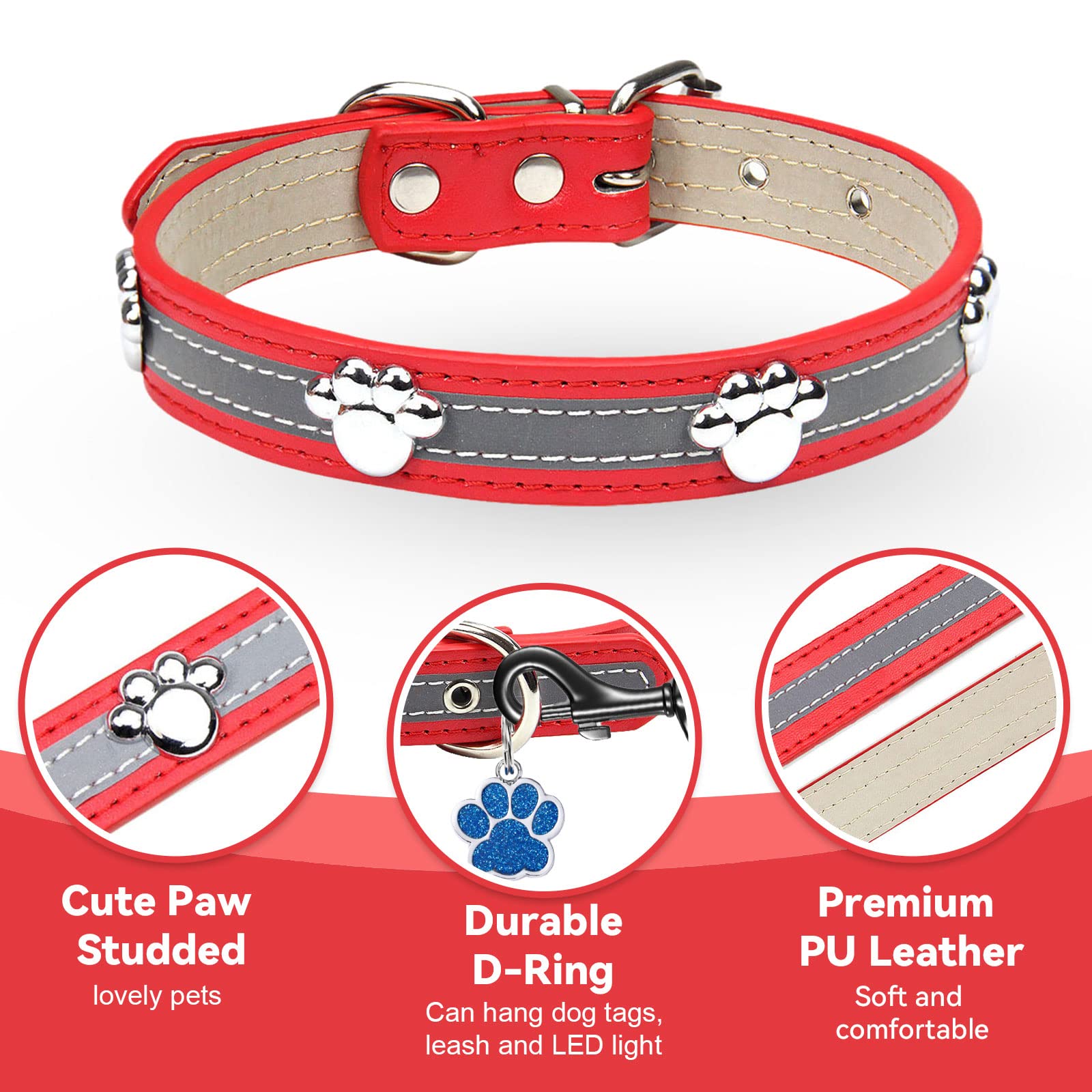 PETCARE Reflective Dog Collar with Cute Paw Rivet Studded Funny Soft PU Leather Adjustable Puppy Dog Collars for Small Medium Large Dogs Cats (Red,Medium)