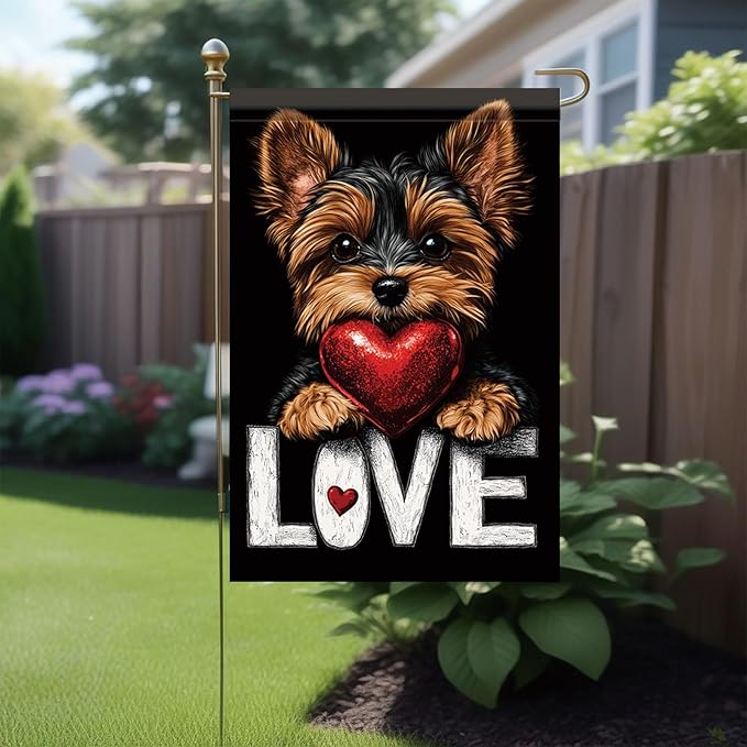 Starlit Patio Cute Kasha Dog Garden Flag Holding Red Heart Love Sign Double Sided Yard Banner 12x18 Inch Romantic Outdoor Decoration for Lawn Patio Dog Lover Gift Valentine Anniversary Seasonal Flag