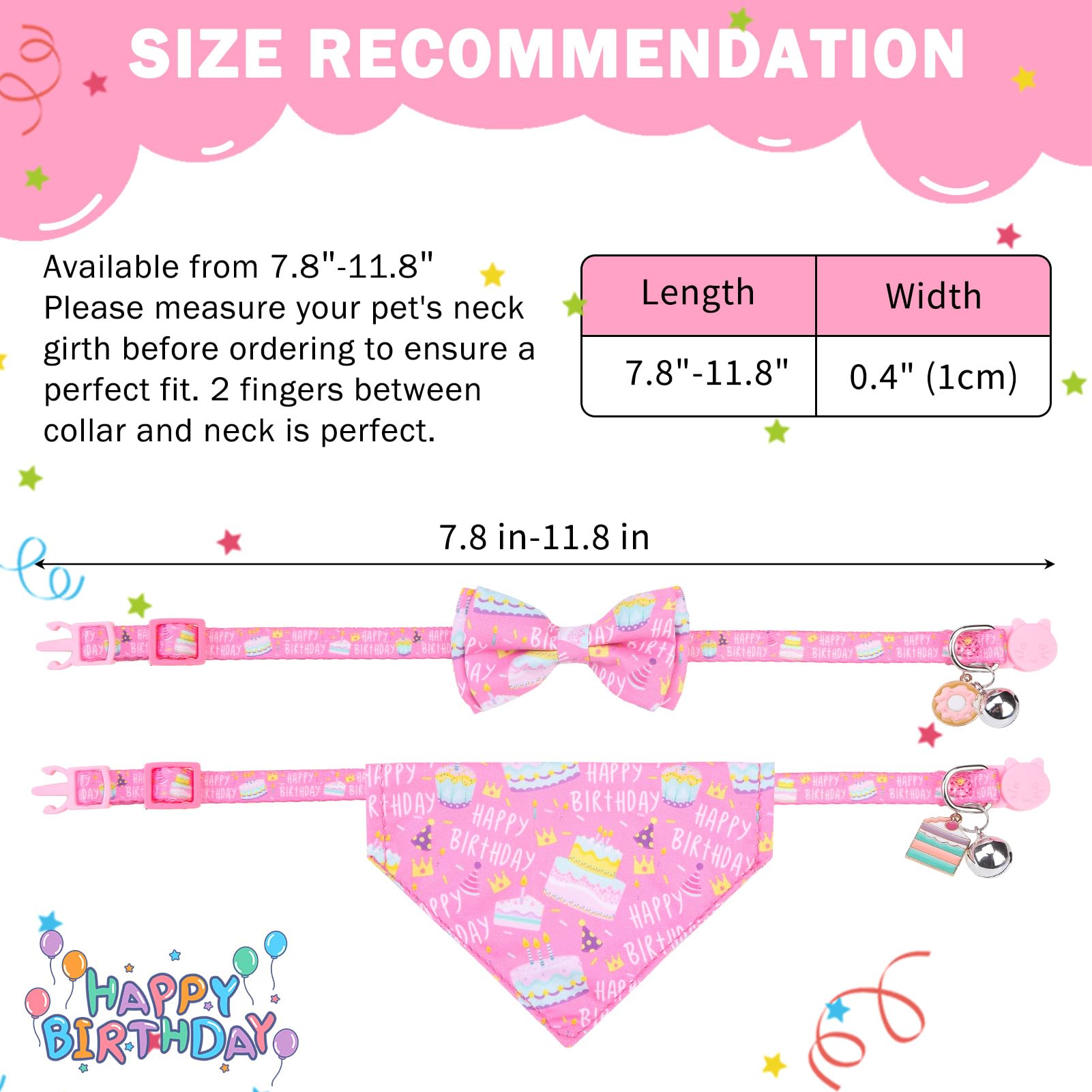 SCENEREAL Cat Bandana Collar for Birthday - 2 Pack Breakaway Kitten Collars With Bell Bowtie, Accessories for Pets, Adjustable Cute for Cats and Small Dogs Boys Girls, (Pink)