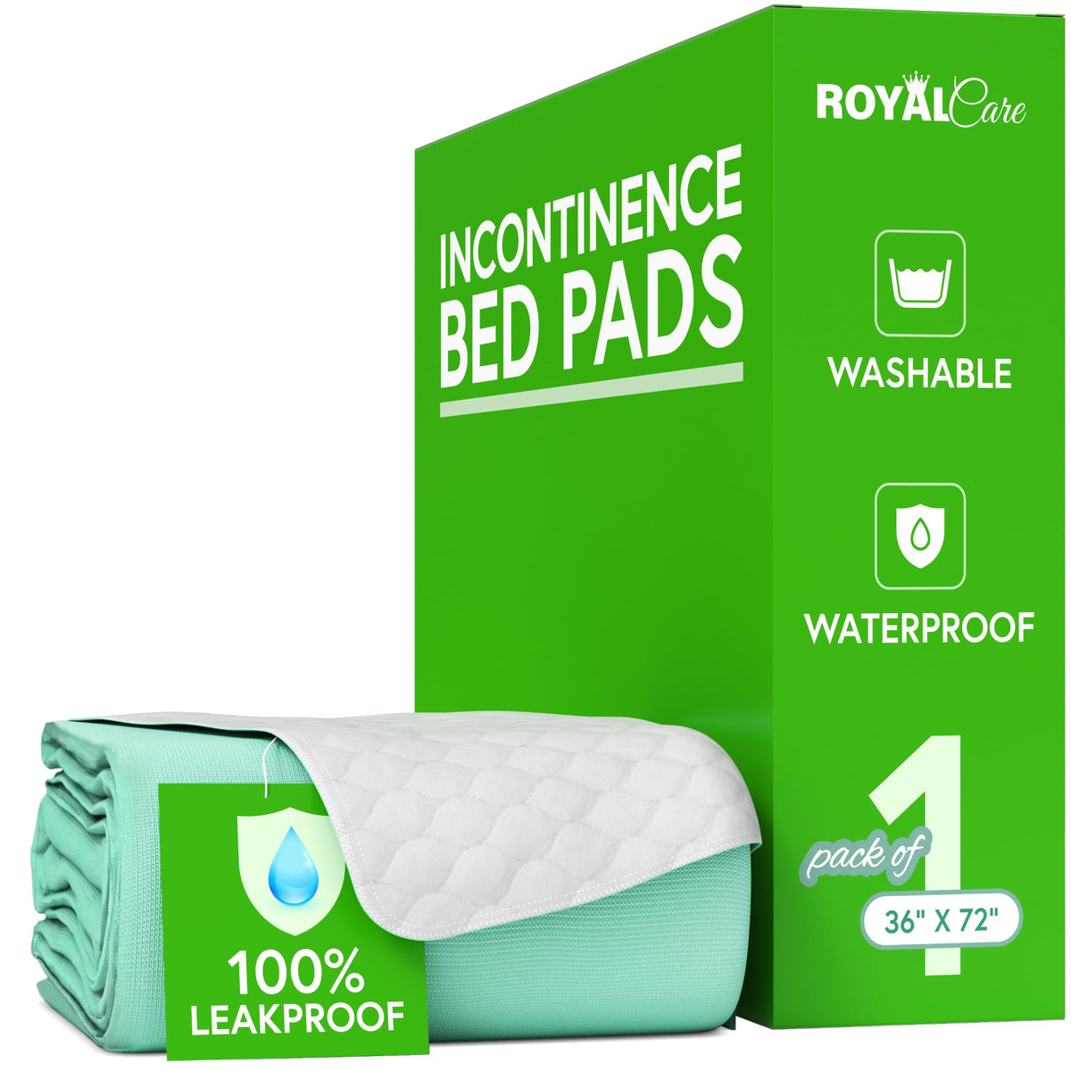 Royal Care Incontinence Bed Pads 36x72 1pk Green - Washable Waterproof