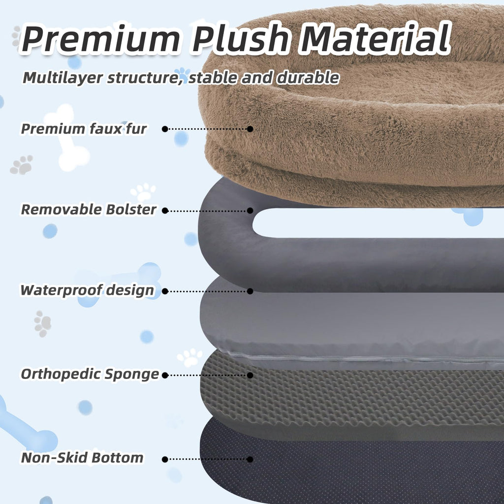 WROS Human Dog Bed, Large Dog Beds for Humans Size Fits You and Pets, Washable Faux Fur Orthopedic Human Pet Bed for People Doze Off, Napping, Present Pillow, Blanket, Strap - Khaki