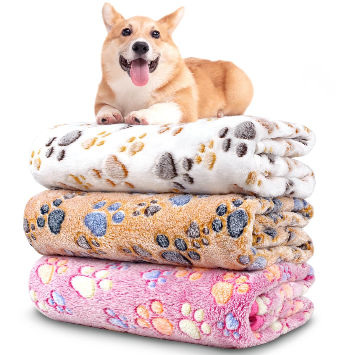Dog Blankets for Large Dogs, 3 Pcs Dog Blanket Washable, Soft Fluffy Flannel Pet Blanket Mat Cover for Bed Couch, Cute Print Puppy Blanket 60" x 50"