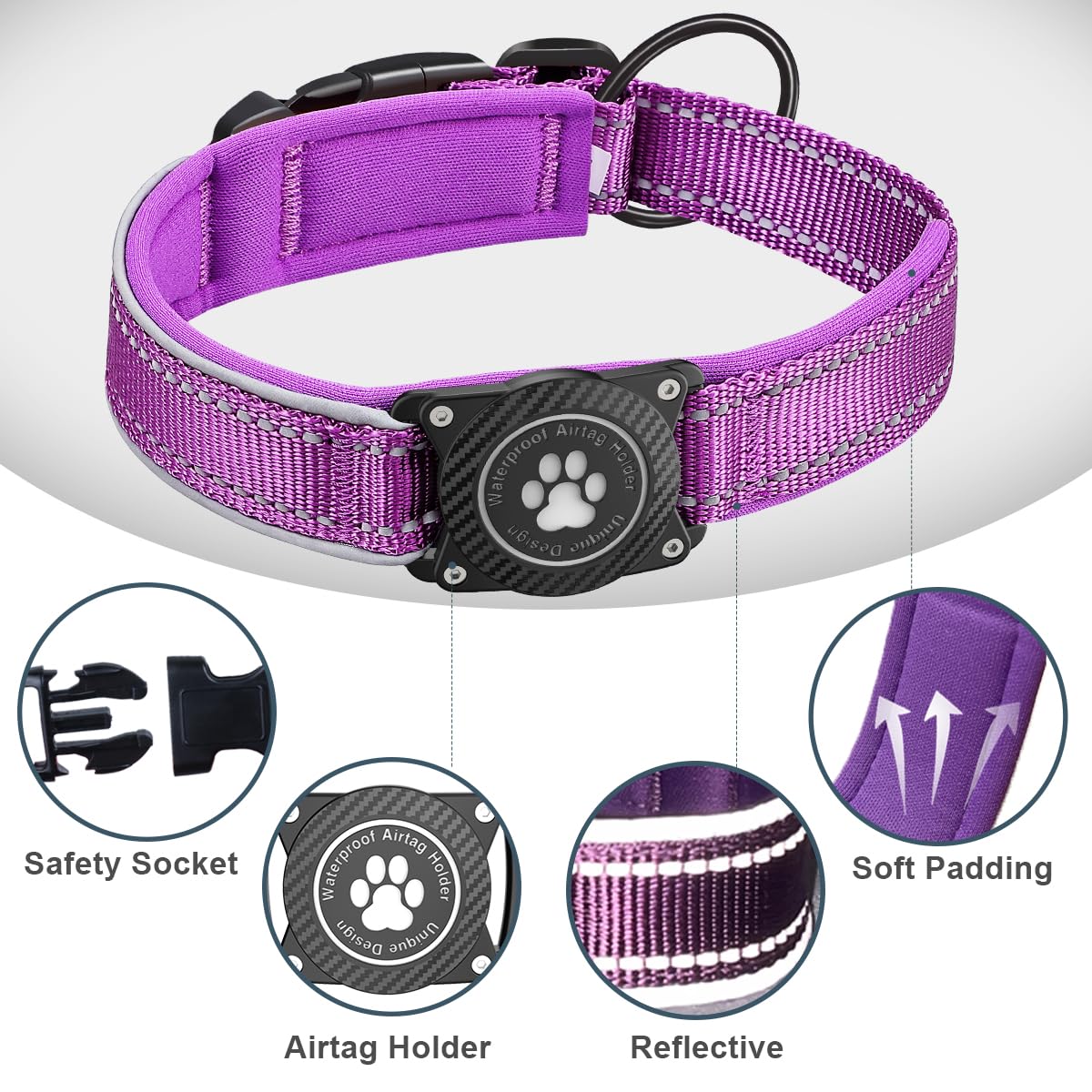 OKVSKO Airtag Dog Collar with Waterproof Air Tag Holder, Luminous Reflective, Soft Padded, Adjustable Nylon Pet Collar for Small Medium Large Heavy Duty Dogs,Purple, XL
