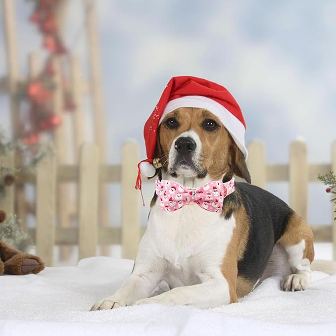Dog Collar, Christmas Pink Santa Claus Cotton Pet Collar Bow Holiday Girl Boy Cute Puppy Collar Adjustable Pet Collar for Large Dogs