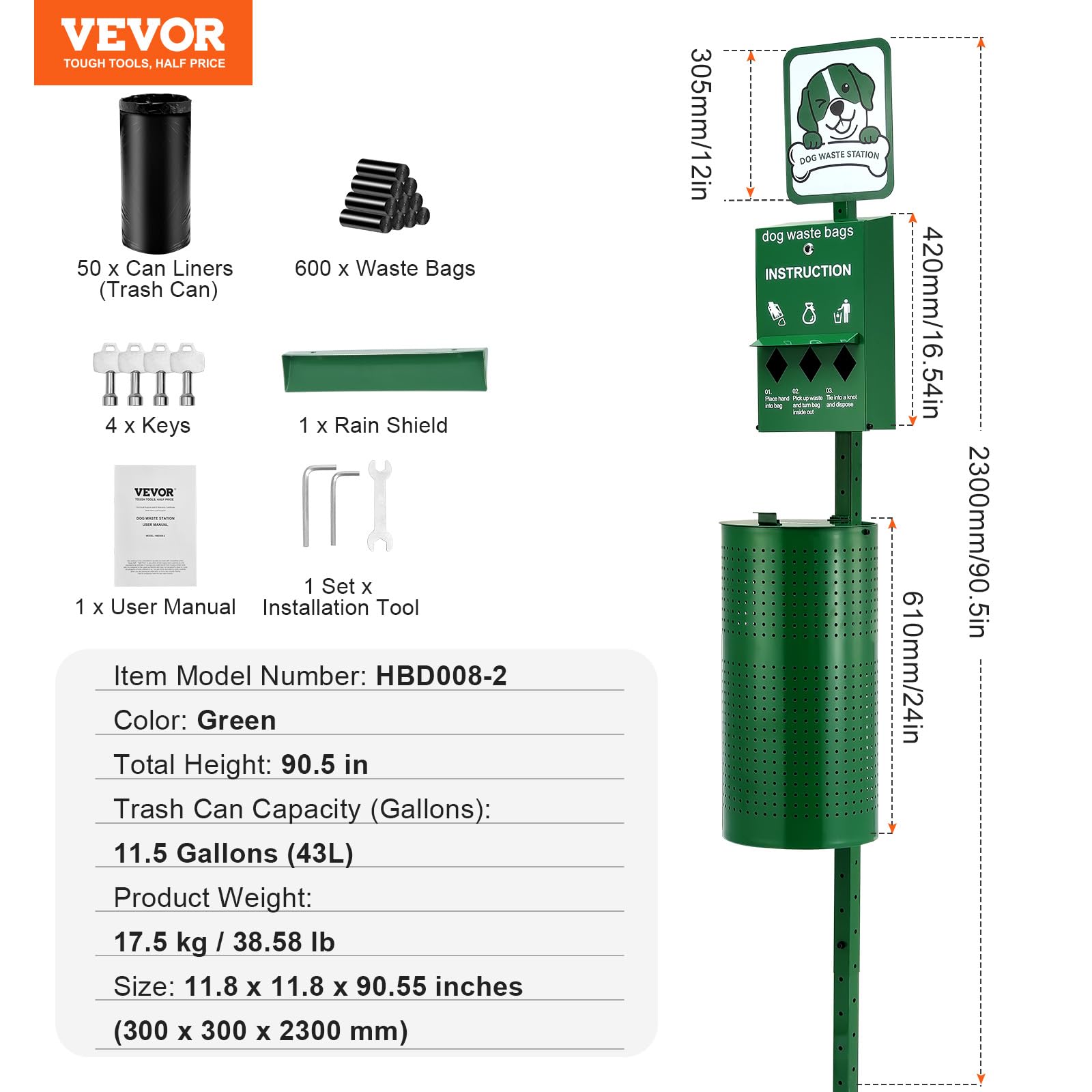 VEVOR Dog Waste Station, 11.5 Gallon Pet Waste Station with Lockable Bag Dispenser, 50 Can Liners & 600 Waste Bags, Outdoor Pet Poop Station for Apartments, Parks, Backyard, Dog Waste Disposal System