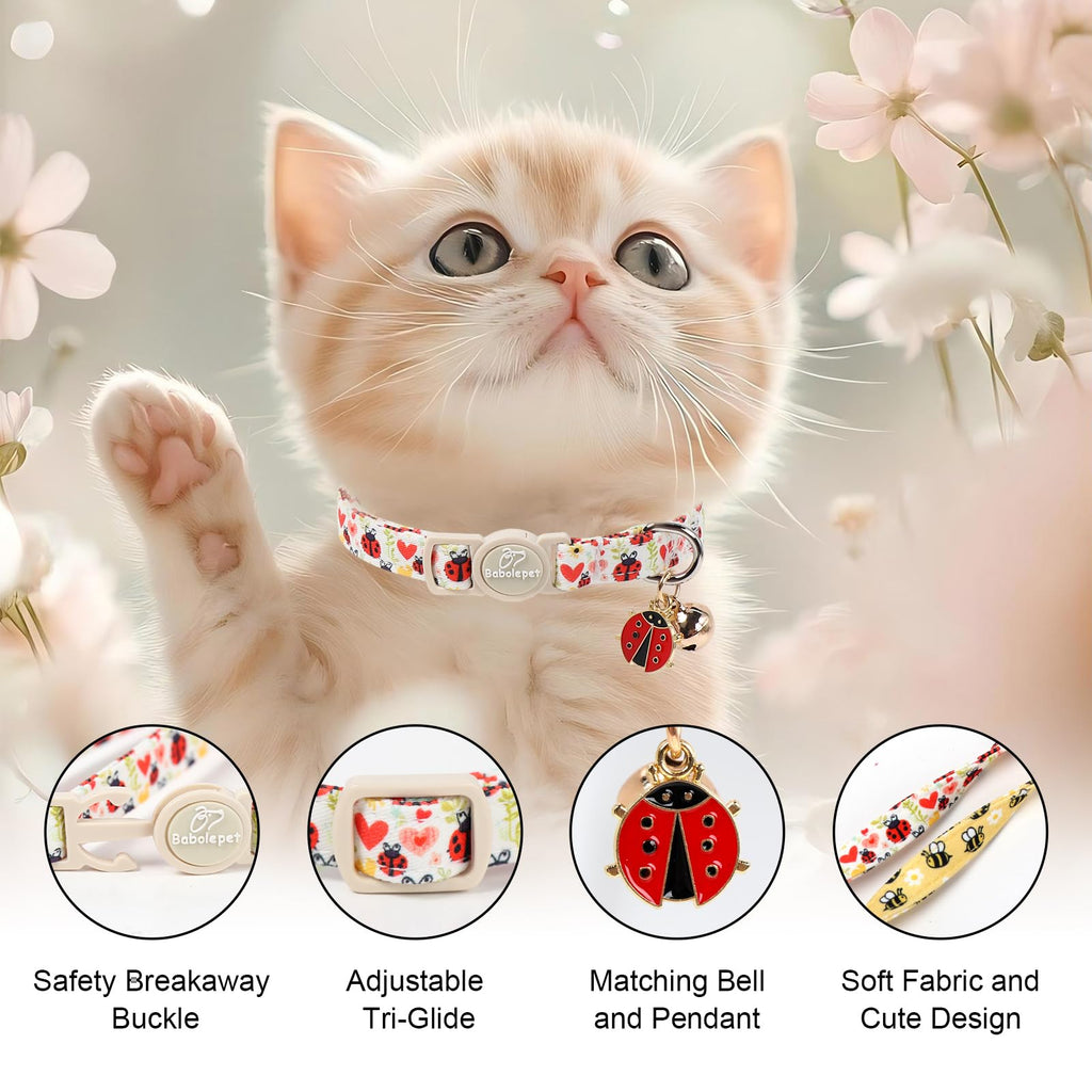 Babole Pet 2 Pack Cute Cat Collars - Cartoon Bee Ladybug Breakaway Cat Collar with Bell & Matching Pendant, Adjustable Spring Summer Kitten Collars for Boy Girl Cats