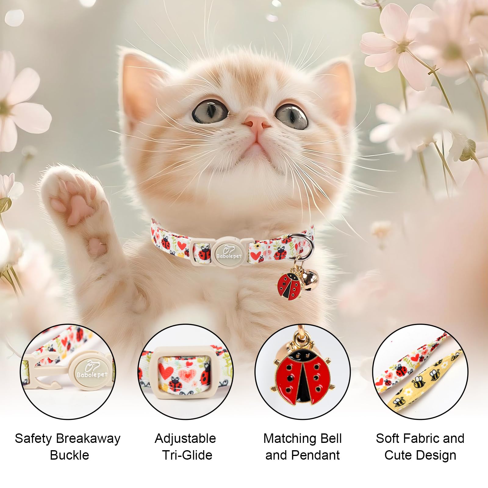 Babole Pet 2 Pack Cute Cat Collars - Cartoon Bee Ladybug Breakaway Cat Collar with Bell & Matching Pendant, Adjustable Spring Summer Kitten Collars for Boy Girl Cats