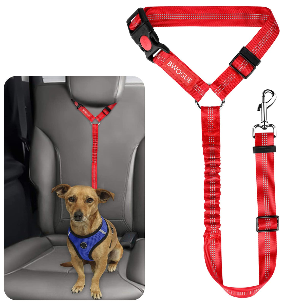 BWOGUE Dog Seat Belt for Car, Headrest Restraint Reflective Bungee, 1 Pack