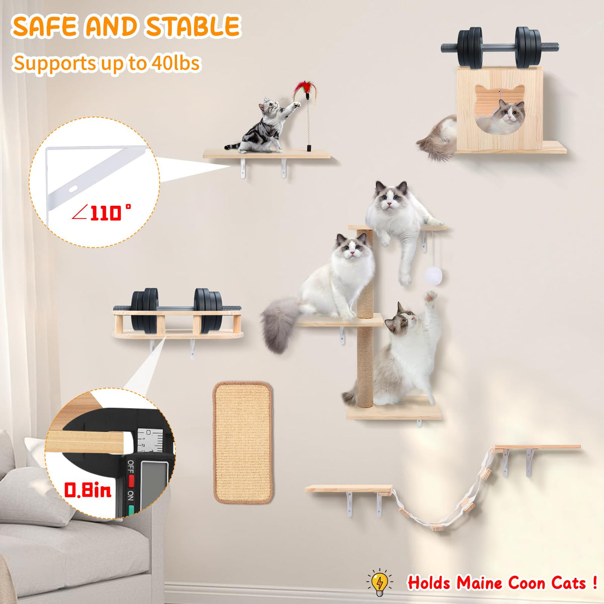 Coolsheepsia Cat Wall Shelves, Solid Wooden Wall-Mounted Cat Furniture