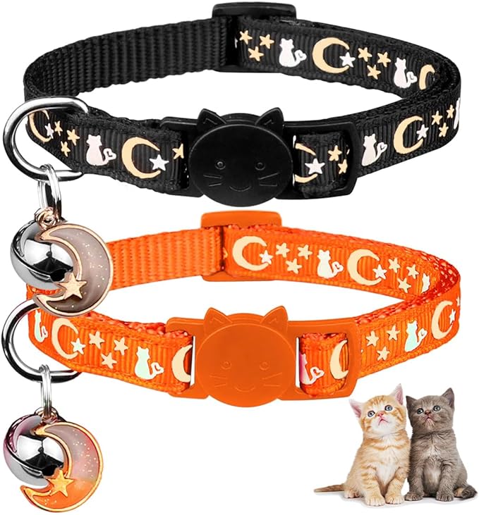 Baeuppit 2PCS Breakaway Cat Collars with Bell Cute Kitty Glow in The Dark Adjustable Kitten Collars 7.9-13.0 Inch(Teal&Purple)
