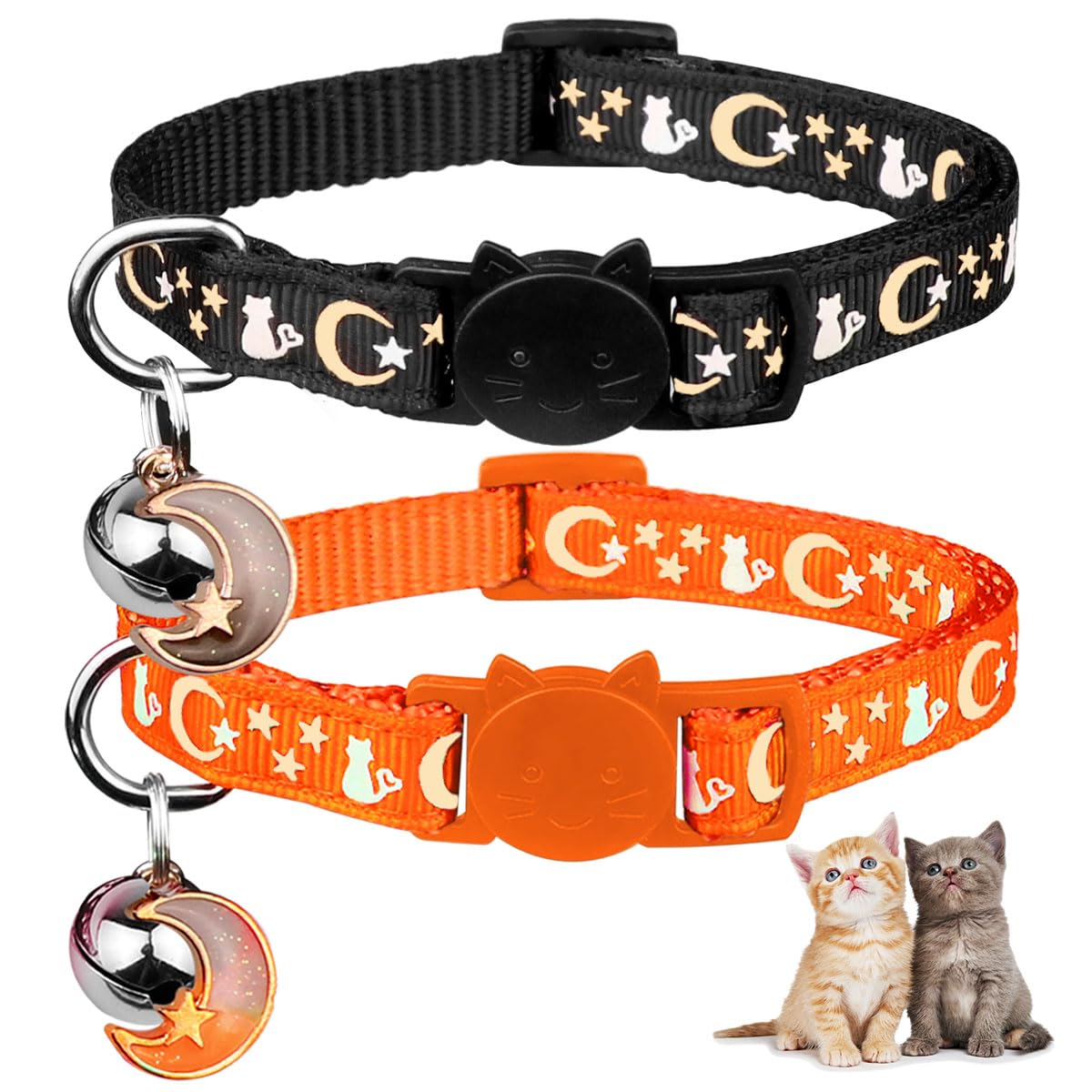 2PCS Breakaway Cat Collars with Bell Cute Kitty Glow in The Dark Adjustable Kitten Collars 7.9-13.0 Inch(Brown&Black)