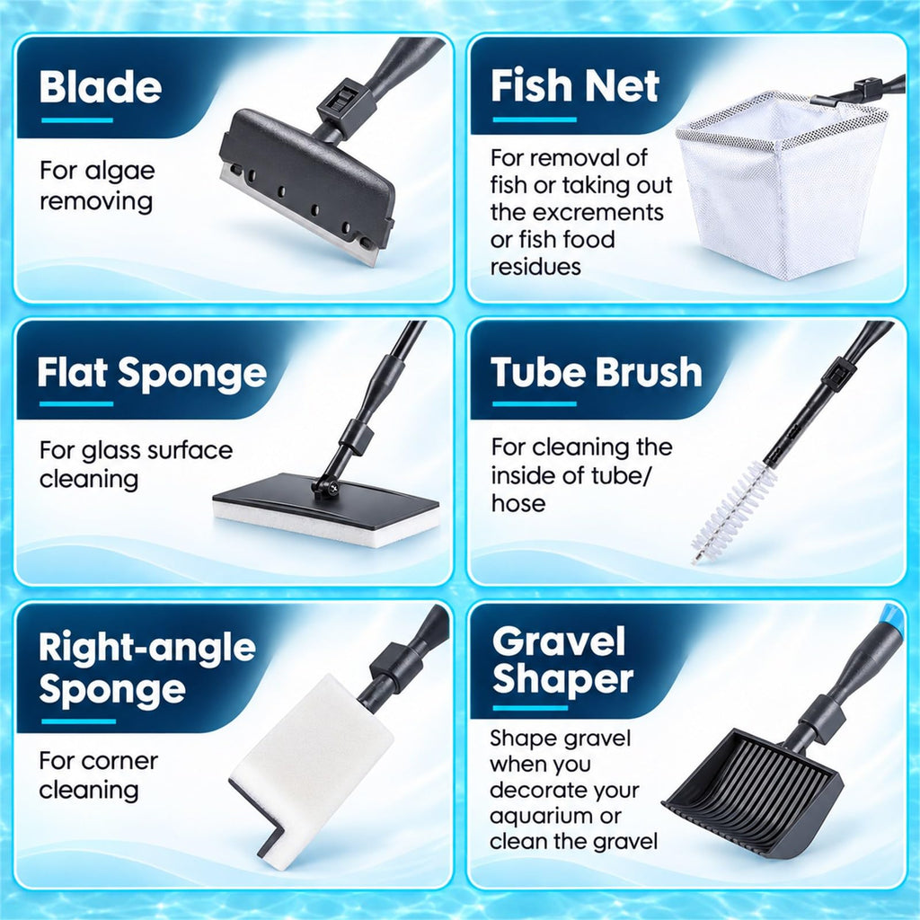 AquaMiracle 6 in 1 Aquarium Cleaning Tool Kit Fish Tank Cleaning Kit for 20-160 Gallon Tank with Telescopic Long Handle, Algae Scraper, Scrubber Pads, Tube Cleaner, Fish net, Gravel Rake