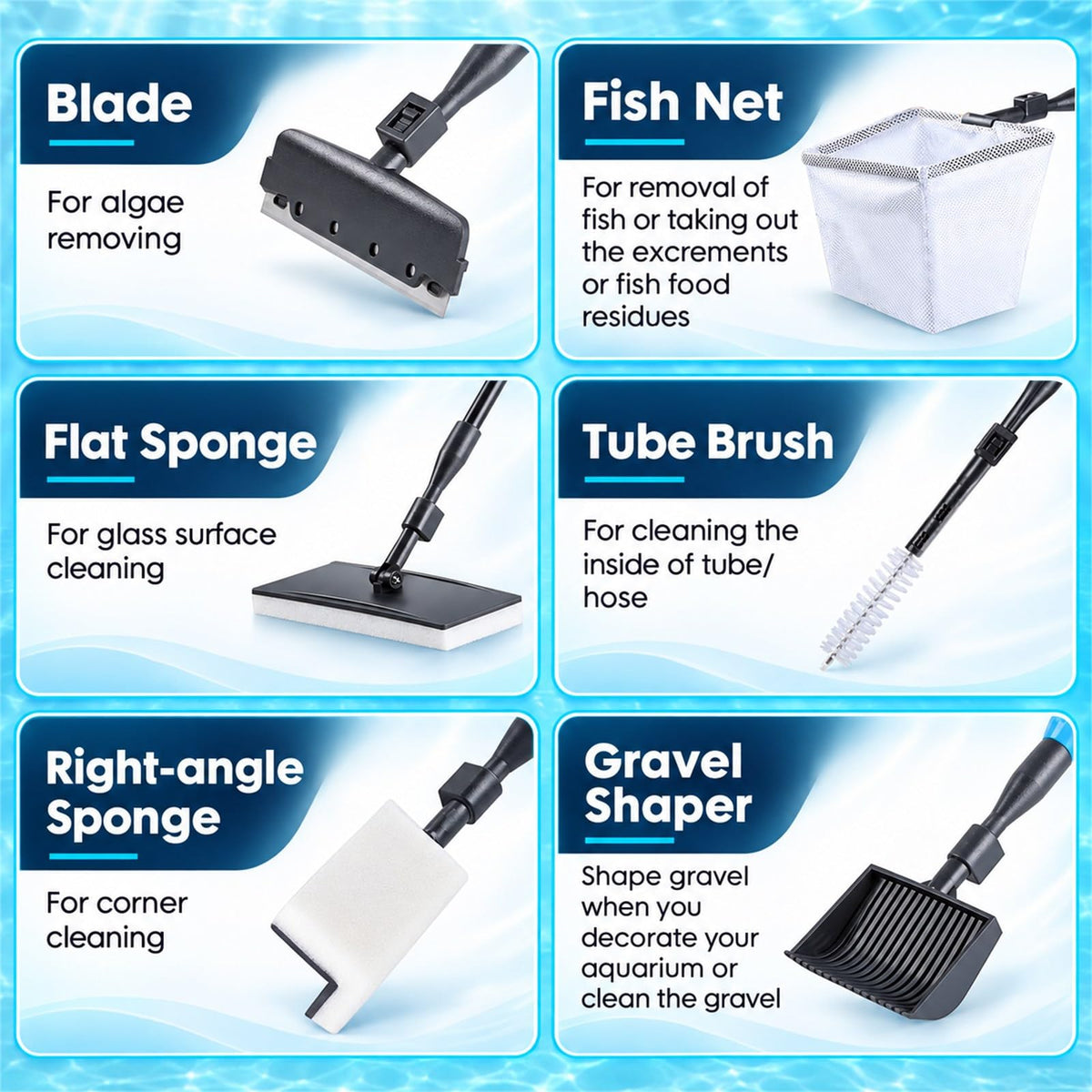 AquaMiracle 6 in 1 Aquarium Cleaning Tool Kit Fish Tank Cleaning Kit for 20-160 Gallon Tank with Telescopic Long Handle, Algae Scraper, Scrubber Pads, Tube Cleaner, Fish net, Gravel Rake